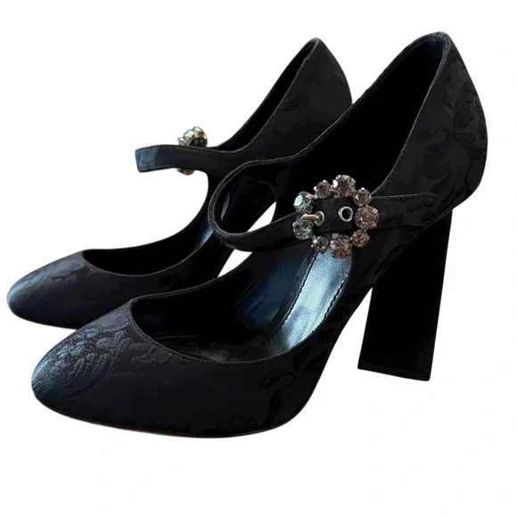 Dolce & Gabbana Black Brocade Mary Jane Pumps Crystal Buckle EU 38 US 8