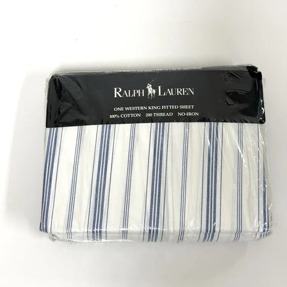 Rare Vintage Ralph Lauren Village Stripe White Blue Fitted Sheet - Cal King
