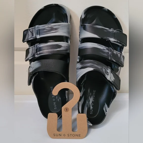 Sun + Stone Bowie Sandals Sliders Tie Dye Black and Gray Size 9 New