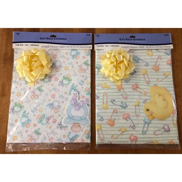 Hallmark Gift Wrap Ensemble Baby Shower Set of 2 Gift Wrap Bow Card VINTAGE NEW