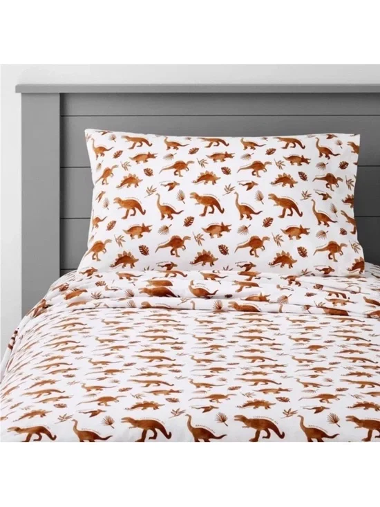 Pillowfort Full Dinosaur Cotton Sheet Set Watercolor Brown 220TC NWT