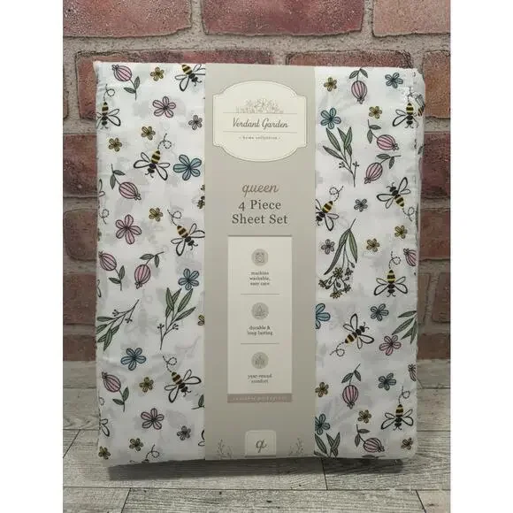 Verdant Garden Queen Size 4 Piece Sheet Set Honey Bee Floral Spring White New