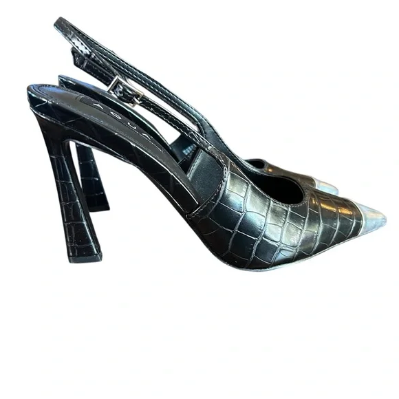 AQUA Bevv Leather Croc Embossed Slingback Pointed Toe Pumps in Black NEW 6