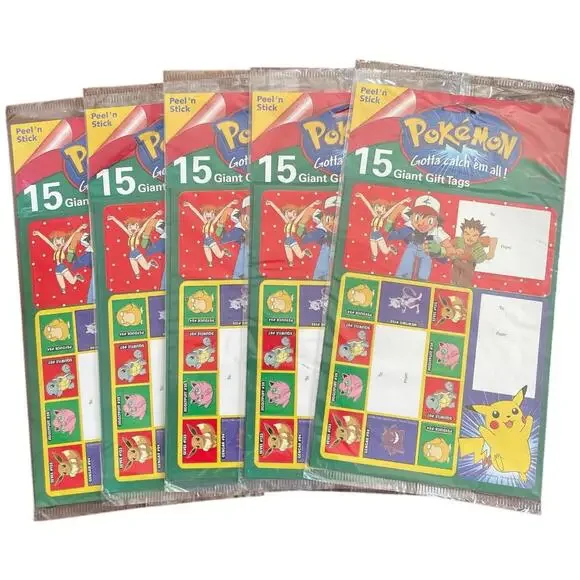 Lot of 5 Vintage 1996 Pokemon Giant Gift Tags Christmas Holiday Rare NWT