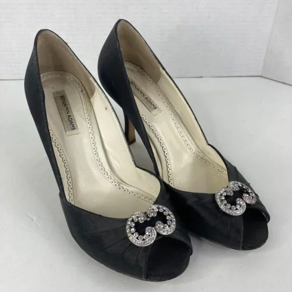 Benjamin Adams‎ Womens Peep Toe Pump Shoes Sz 9 Black Satin Rhinestone 3.5