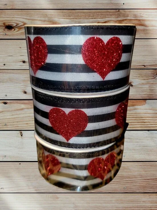 9 Yards / 27 Feet Valentine Glitter Red Hearts Black White Striped Wired Ribbon