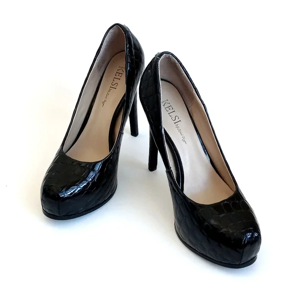 Kelsi Dagger Black Croc-Embossed Patent Leather Square Toe 5