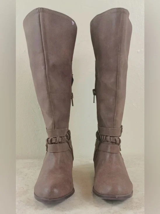 Sugar Brown Mid-Calf Braided Strap Buckle Boots