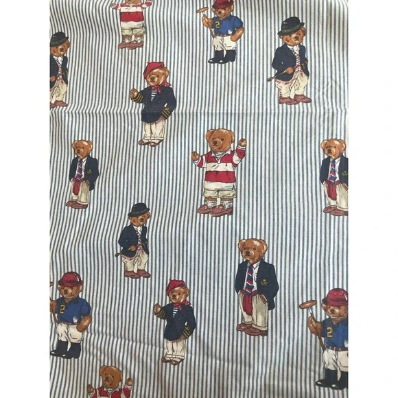 Vintage Ralph Lauren Polo Bear Blue White Striped Twin Flat and Fitted Sheet