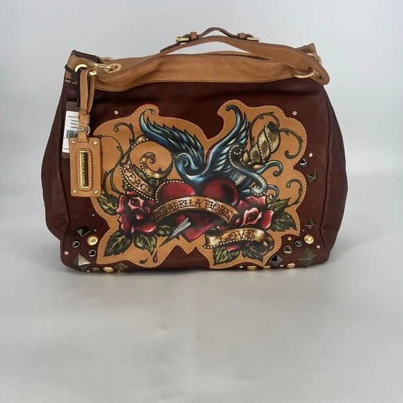 Vtg Isabella Fiore Peace & Love Rafaela Hobo Brown‎ Handbag Leather Y2K Tattoo