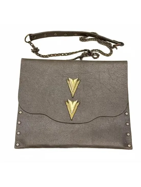 Vintage‎ Gray Leather Studded Clutch with Gold Chevron Accents