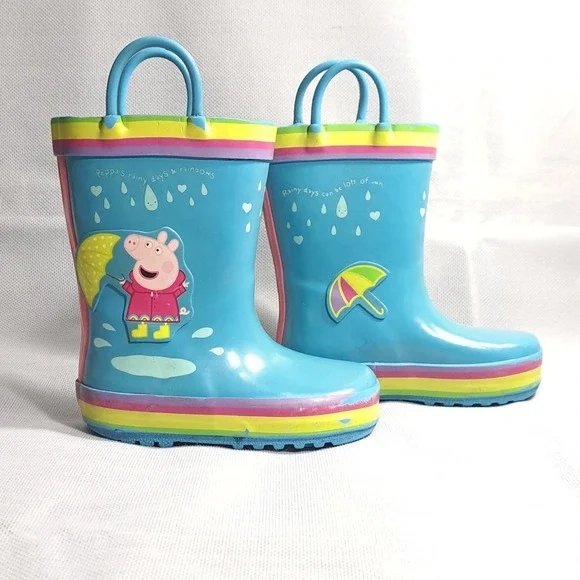 Peppa Pig Kids Rain Boots Size 5-6 Pull On Galoshes Blue Rainbow Umbrella