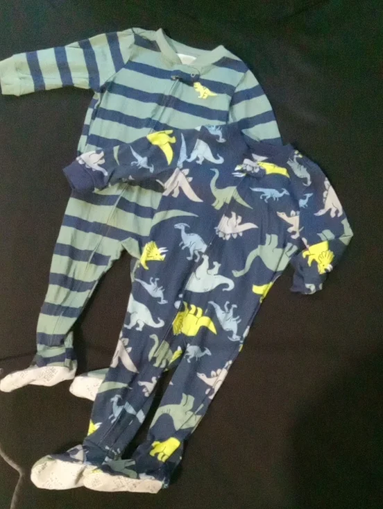 Carter's Navy & Sage Striped and Dino Footed One-Pieces