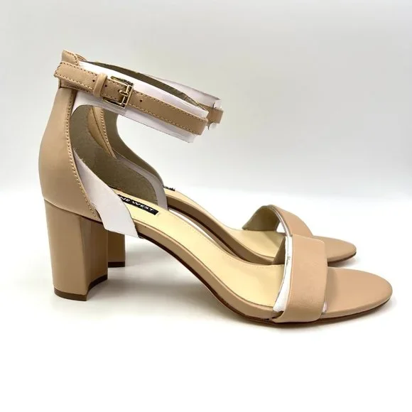 Nine West Size 10 Beige Tan Natural Leather Open Toe Block Heels Sandals‎ Shoes