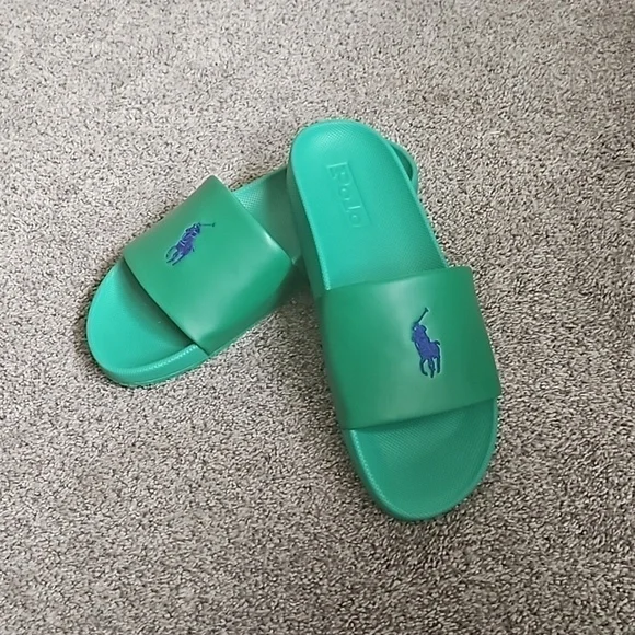 Ralph Lauren Polo Men's Slides Green with Navy Horse Sz 12 Preowned