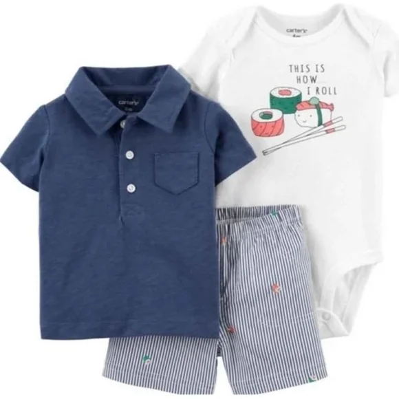 NWT Carter's Baby 3-Piece Set - Blue, White, Striped Sushi Roll ~Newborn
