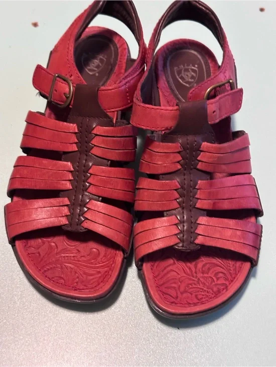 Ariat Red Leather Open Toe Buckle Strap Sandals Womens 7 Cushion Western new