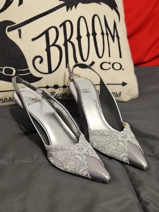 Stuart Weitzman Silver Lace Pointed Sparkley Slingback Heels Size 6