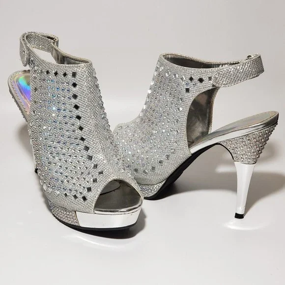 Hot Tomato Silver Embellished Platform Heels Sz 10 Adj Heel Strap Open Toe Y2K
