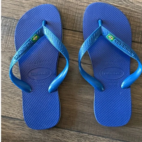 Havaianas Brazil Logo Blue Rubber Flip Flop Sandals Mens 7/8 Womens 9/10