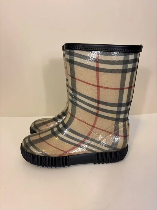 Burberry Beige Plaid Nova Check Kids Rain Boots Size 1/2