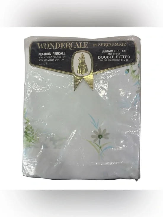 Vtg Springmaid Wondercale Double Fitted Sheet White Blue Fresh Daisy Floral New