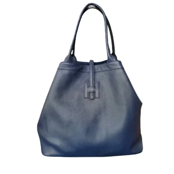 Harper Navy Pebbled Leather Shoulder Bag Classic Luxury Made In Italy