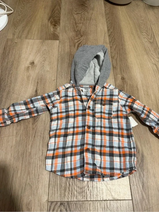 Carter's Orange, Gray & White Plaid Hooded Button-Down Shirt
