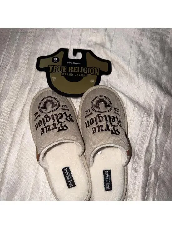 True Religion Horseshoe Logo Slippers Men's Size Large 7-8 beige/brwn NEW!