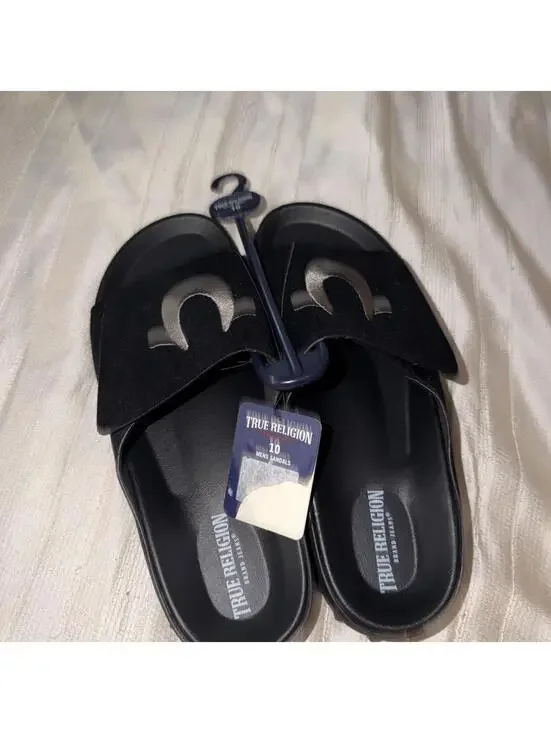 True Religion Men TR-Biggy-PBS Black Logo Sandals adjustable top strap Size 10