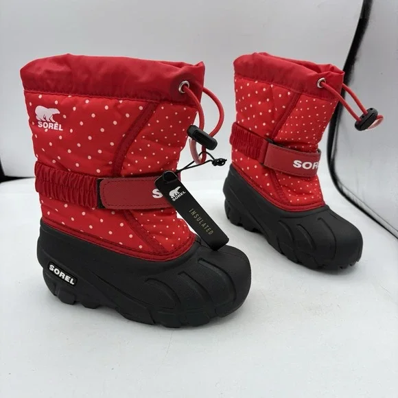 Sorel Kids Boots Size 10‎ Flurry Snow White Polka Dots Red Pull On Winter
