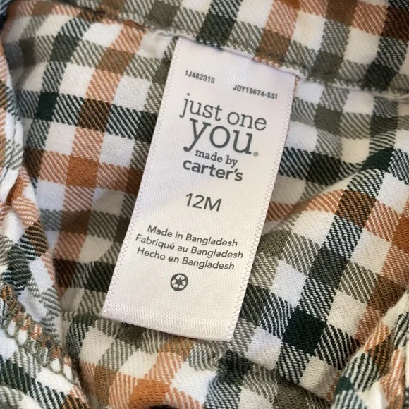 Carter’s 2 pc outfit plaid flannel button & green pants 12M