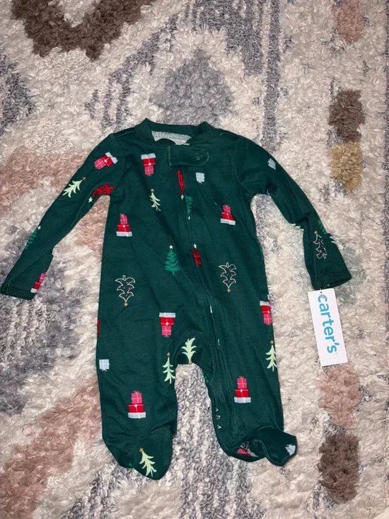 Carter's Green Holiday Print Footed One-Piece