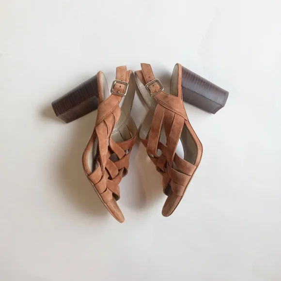 Ann Taylor Camel Suede Woven Brown Block Heel Sandals