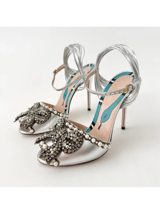 GUCCI || Allie Bow Metallic Pearl Crystal Bridal Sandals Silver Heels EU 36.5