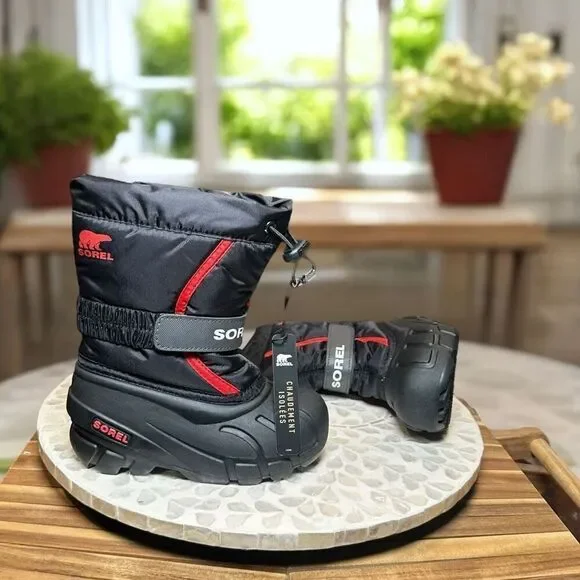 Sorel Kids Flurry Insulated Winter Snow Boots Black Red Size 10 US (27 EU) Water