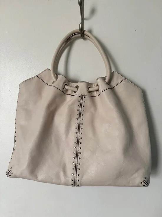 Michael Kors Astor Ivory Leather Studded Double Handle Purse Snap Closure Bag