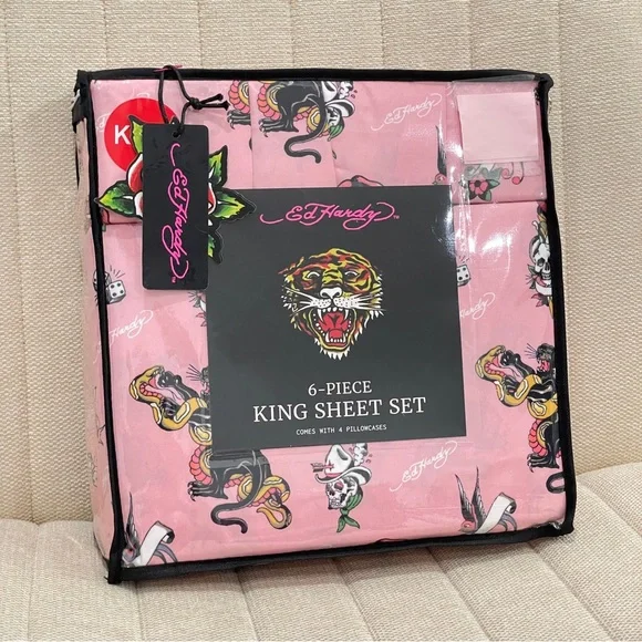 NEW Ed Hardy Pink Tattoo Print 6 Piece King Sheet Set Tiger Skull Rose