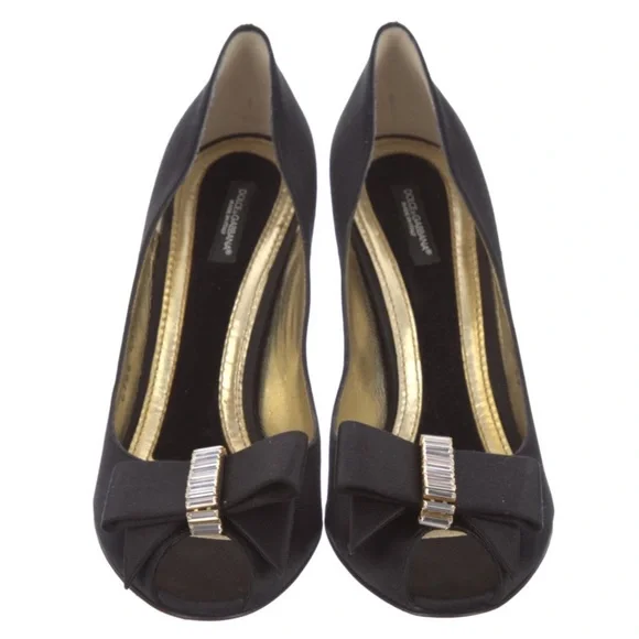 DOLCE & GABBANA Peep Toe Pumps Silk Bow Crystal Embellishments EUC