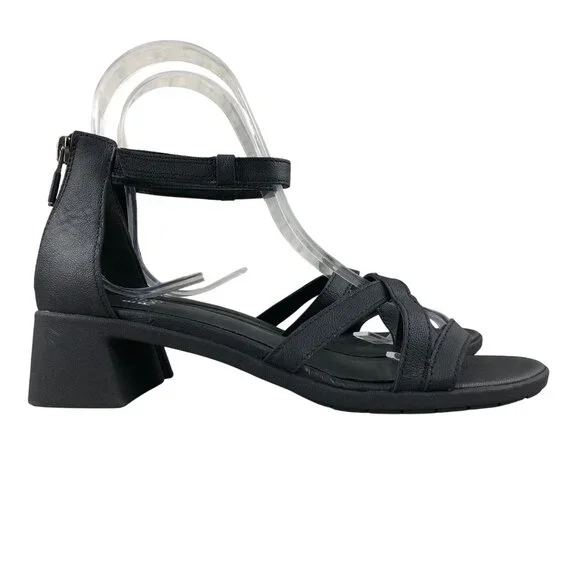 Eileen Fisher NWOT Women's Size 6.5 Noni Black Leather Open Toe Heeled Sandals