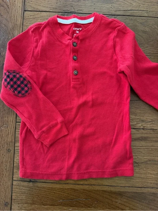 Carter's Red Long-Sleeve Waffle Henley with Plaid Elbow Patch