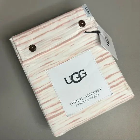 UGG Twin XL Sheet Set Fiorella Rosewater Pink White Stripe Space Dye Print NWT