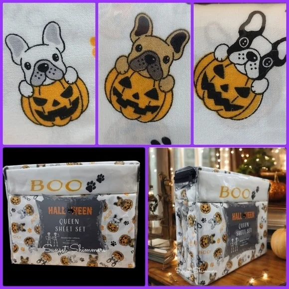4pc Halloween French Bulldog Frenchie Dog Boo Pumpkin QUEEN Bed Sheet Decor New