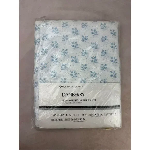 Vintage Twin Flat Sheet NOS Danberry Blue and White Floral Cottagecore