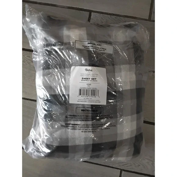 Bare Home King Sheet Set 100% Flannel Cotton Grey White Buffalo Plaid 4 Piece