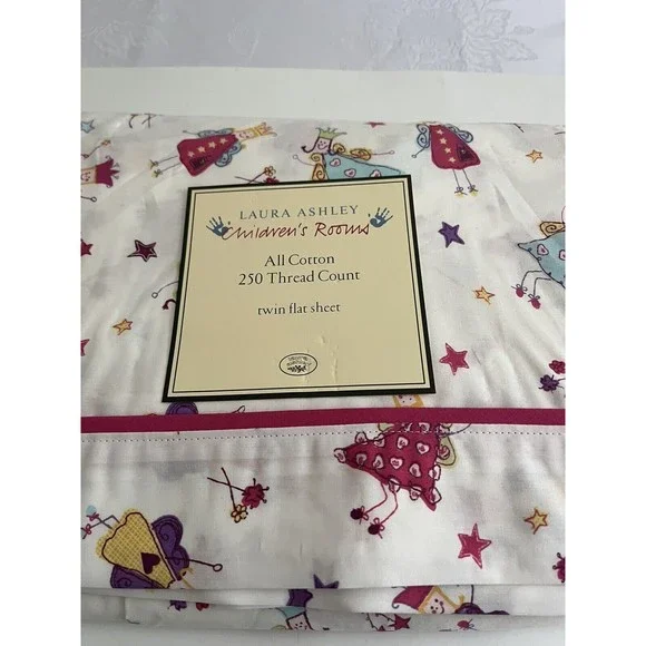 New - Laura Ashley Fairy Princess White Pink Twin Flat Sheet