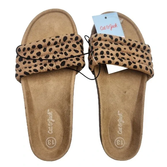 Cat & Jack Sandals Youth Girls Size 13 Selma Tan Animal Print Slide On Brown