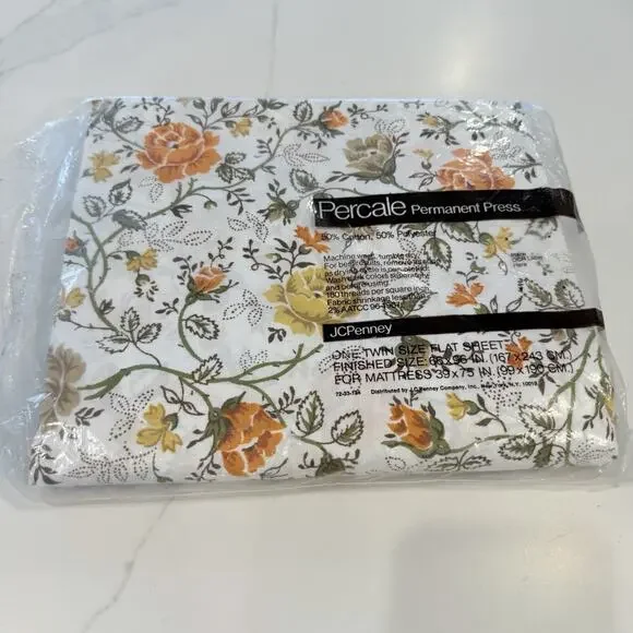 Vintage No Iron Twin Flat Sheet JCPenney Percale Floral Brown Orange White NEW