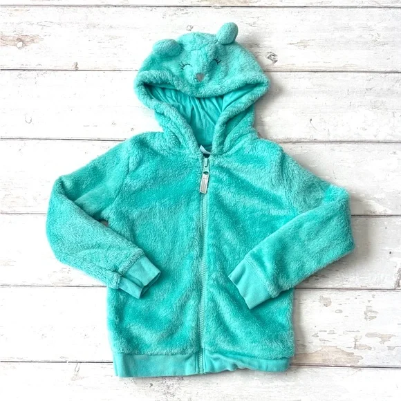 Carters 4T Girls Fleece Bear Jacket Teal Blue Zip Up Sweatshirt Size 4