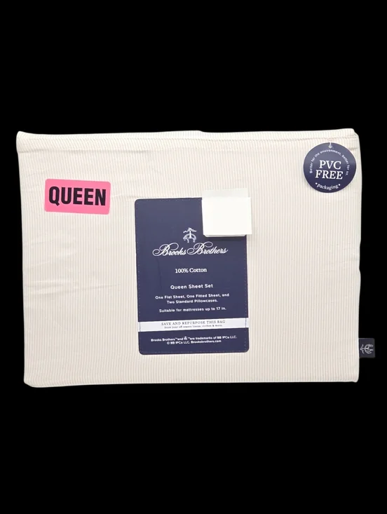 Brooks Brothers Striped Cotton Queen Sheet Set of 4pc White‎ Taupe